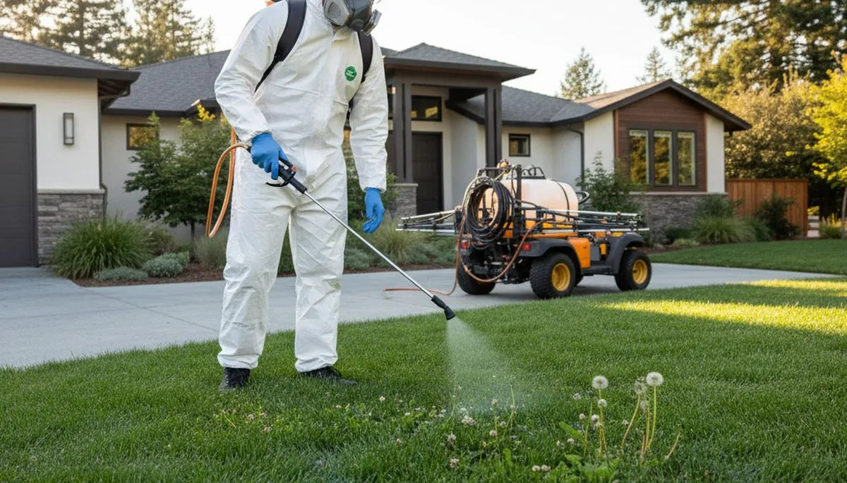 Lawn care technician applying targeted weed control in Santa Rosa, CA with professional sprayer and safety gear